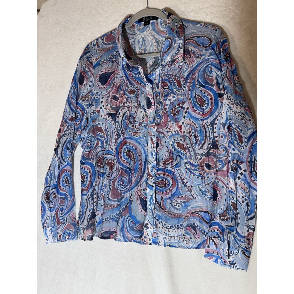 A.Z.I. New York Women's Jeweled Beaded Blouse SizeL Paisley Multicolor Long SLV